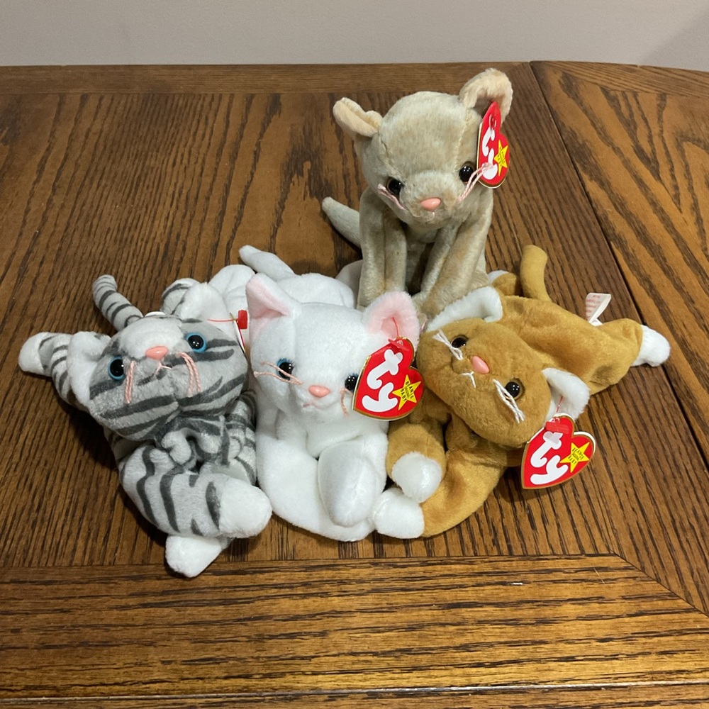 Ty Beanie Babies Cat 🐈 Set: Gray Prance, White Flip, Tan Scat, Light Brown Nip - Picture 2 of 12